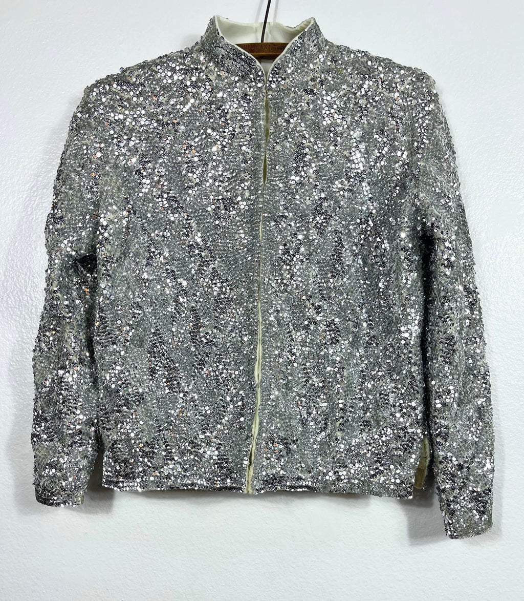 Vtg Silver Sequins Bomber Jacket