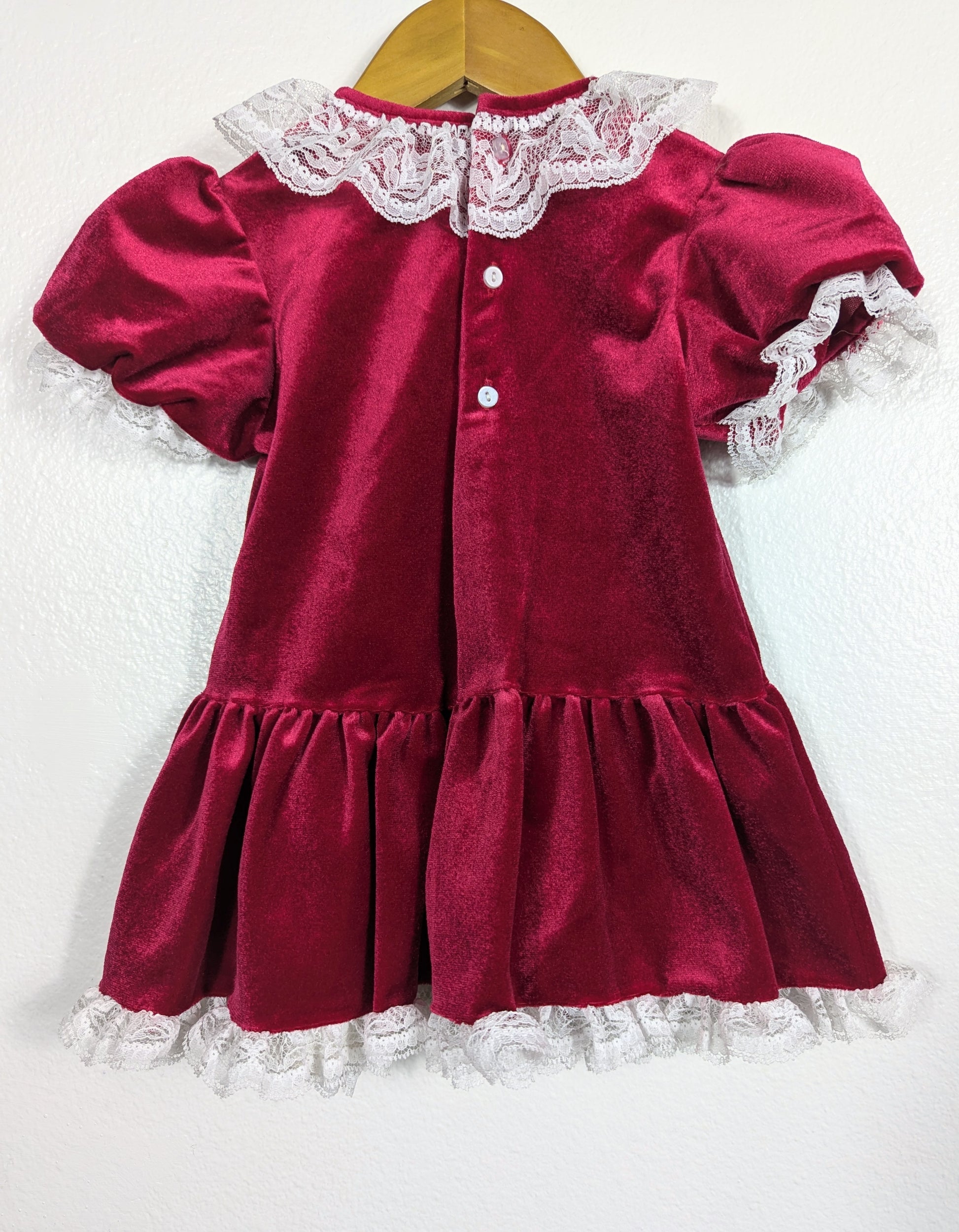 Vtg Red Velvet Frilly White Lace Holiday Dress size 2/3
