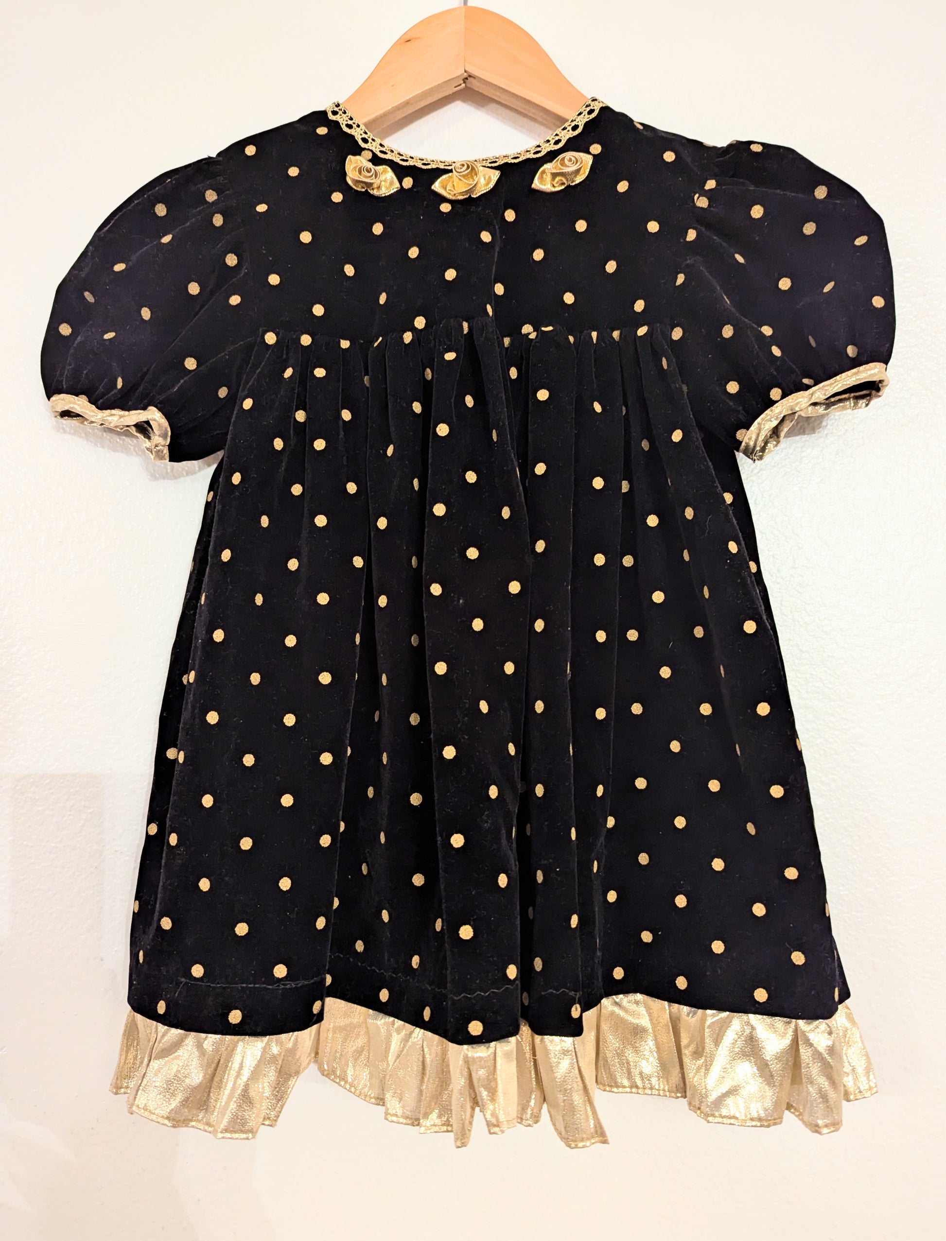 Vtg Black & Gold Polkadot Velvet High Waist Holiday Dress size 4T
