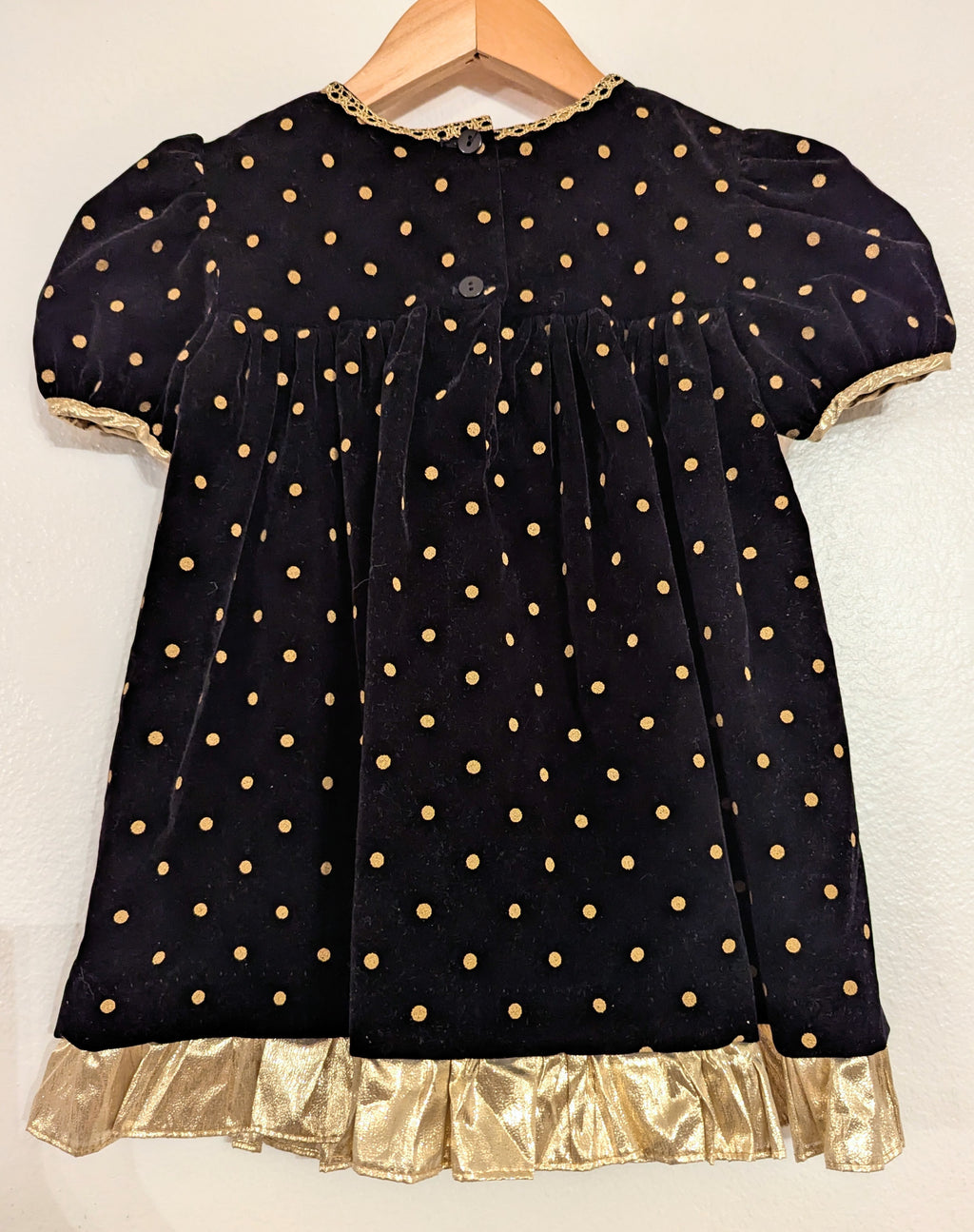 Vtg Black & Gold Polkadot Velvet High Waist Holiday Dress size 4T