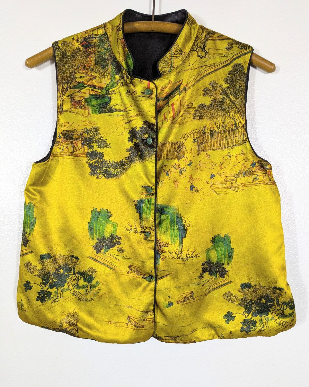 Vtg Silk Reversible Portrait Print Blouse